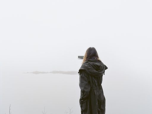 a woman stands in front of a foggy log taking a picture on her phone. The image is shot in colour but appears monochromatic.